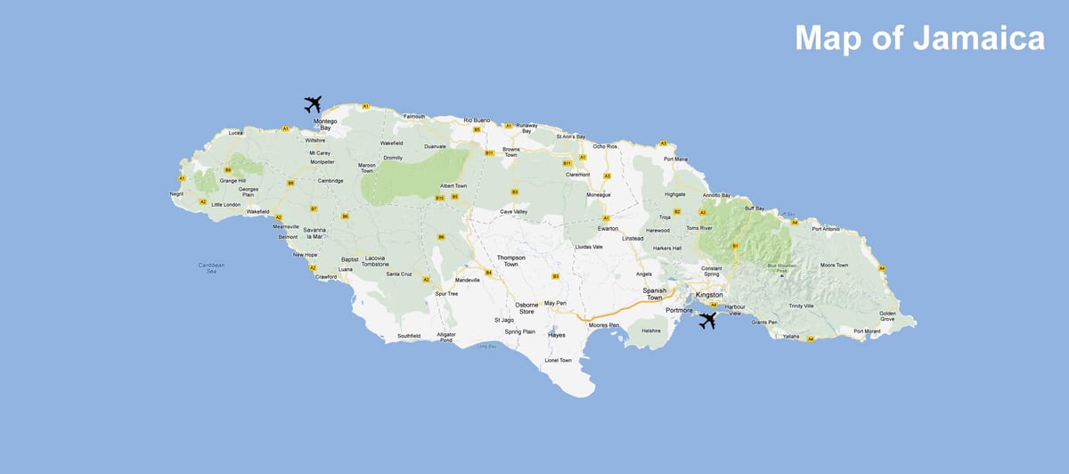 แผนที่ของจาไมก้าสนามบินและ resorts