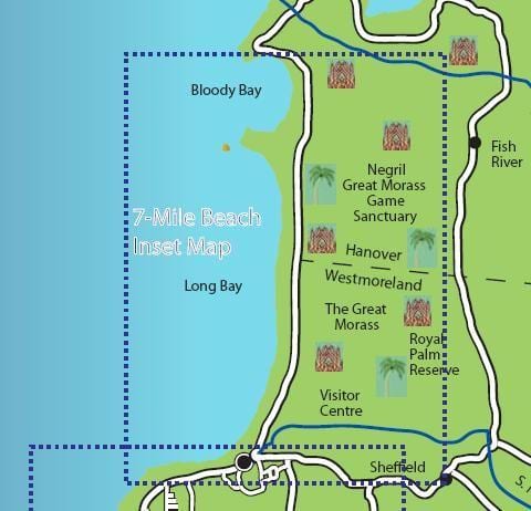แผนที่ของ negril จาไมก้า 7 ไมล์จากชายหาด