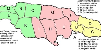 แผนที่ของจาไมก้าแสดจังหวัดและ jamaica. kgm